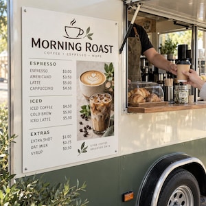 May include: A white menu sign on a coffee truck displays the Morning Roast logo, a list of espresso and iced coffee drinks with prices, and images of a latte and iced coffee. The text reads Good Coffee Brighter Days and lists various coffee options.
