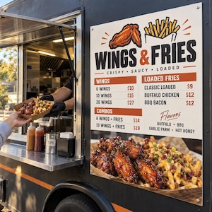 May include: A black food truck exterior features a menu sign displaying WINGS & FRIES, listing prices for wings, loaded fries, and combos. Below the text, a photograph shows a serving of glazed chicken wings and loaded fries with toppings.