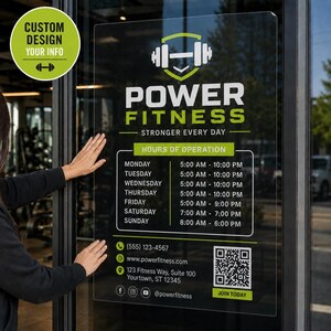 May include: A clear rectangular window decal for a gym featuring the text POWER FITNESS, a barbell icon, hours of operation, a phone number, a website, an address, social media icons, and a QR code with the text JOIN TODAY at the bottom.