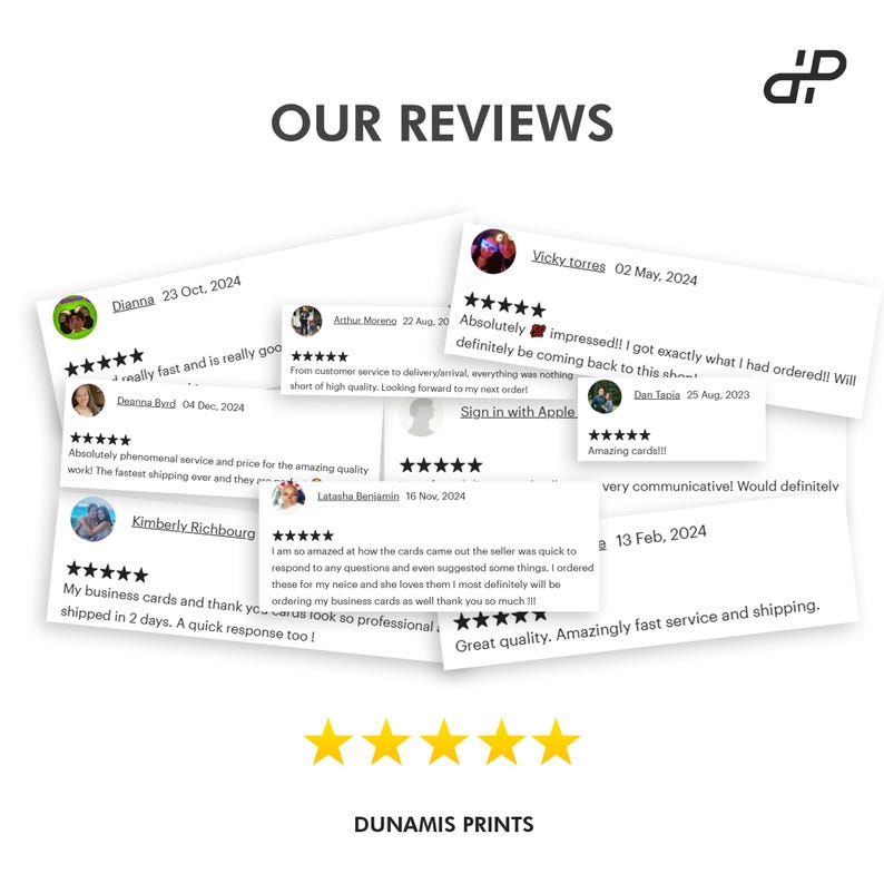 May include: Image showcasing customer reviews with five-star ratings. The reviews are displayed on white cards with dates and names. The text "OUR REVIEWS" is at the top, and the company name "DUNAMIS PRINTS" is at the bottom.