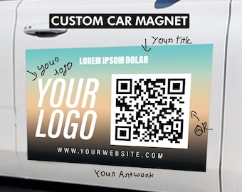 May include: A rectangular custom car magnet attached to a white vehicle door. The magnet features a gradient background transitioning from teal to orange to black, displaying the text LOREM IPSOM DOLAR, YOUR LOGO, and a large black and white QR code.
