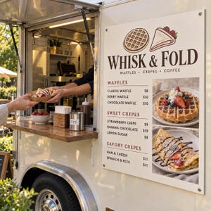 May include: A food truck menu sign for Whisk & Fold featuring illustrations of a waffle and crepe, with lists for waffles, sweet crepes, and savory crepes. The sign displays prices in dollars and includes photographs of a berry waffle and a chocolate crepe.