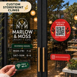 May include: Custom storefront clings applied to a glass door, featuring a white logo for Marlow & Moss Bakery & Café, a red circular QR code sign for menu access, a dark green business hours sign, a social media handle, and a free Wi-Fi decal.