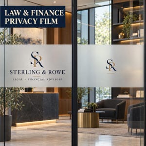 May include: A frosted privacy film applied to a glass office partition, featuring the dark blue and gold logo and text for Sterling & Rowe Legal Financial Advisors. The design includes a stylized SR monogram and clean, professional typography.