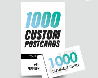 May include: A white card with blue and green gradient text that reads "1000 CUSTOM POSTCARDS". Below the text is a black rectangle with the text "YOUR 24 h FREE NEXT". A smaller white card with blue and green gradient text that reads "1000 BUSINESS CARD" is partially visible in the bottom right corner. The text "DUNAMIS PRODUCTS" is printed in black at the bottom of the card.