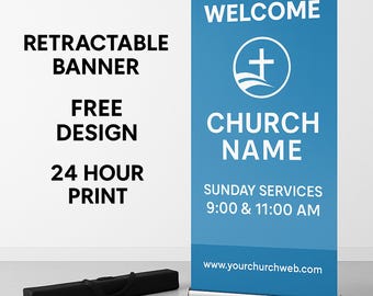 Church Welcome Banner: 33" x 81" Retractable Fabric Stand