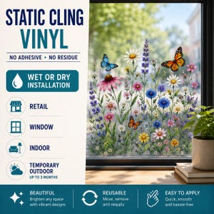 May include: Static cling vinyl window film with a vibrant floral design featuring colorful flowers and butterflies. The film is reusable and easy to apply, perfect for indoor and temporary outdoor use.