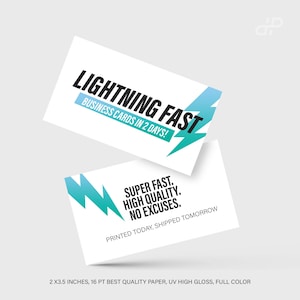 Custom business cards, 14pt glossy, 2" x 3.5", double-sided, fast 24-hour printing.