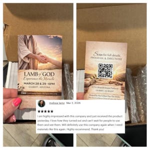 May include: Two cards with religious event details. One card features an image of hands reaching out, with text "Lamb of God - Experience the Miracle." The other card has a QR code and address. A customer review is also visible.