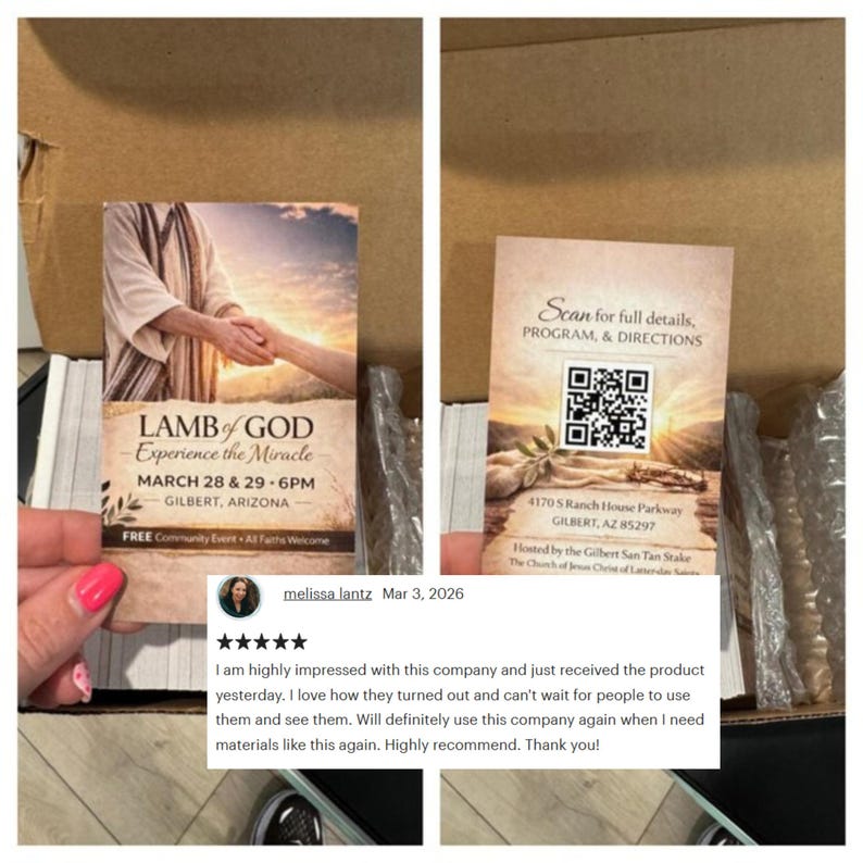May include: Two cards with religious event details. One card features an image of hands reaching out, with text "Lamb of God - Experience the Miracle." The other card has a QR code and address. A customer review is also visible.