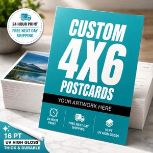 May include: A stack of rectangular 4x6 postcards with a teal background and white text that reads CUSTOM 4X6 POSTCARDS YOUR ARTWORK HERE. The design includes icons for 24 hour print, free next day shipping, and 16 pt UV high gloss finish.