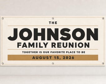 Personalized Family Reunion Banner, 13 oz Vinyl, Custom Name and Date, Warm Minimalist Design