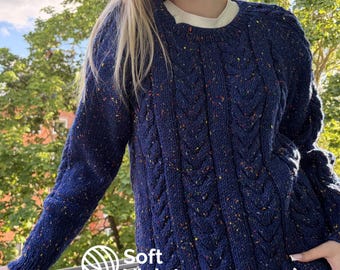 Handknit Cable Knit Tweed Sweater – Cozy Oversized Wool Blend Pullover