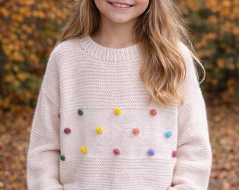 Pull fait main pour fille, alpaga et soie, pour hauteur 116/122.