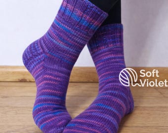 Chaussettes en laine Regia tricotées à la main - Chaussettes mi-mollet à rayures violettes, UE 38/39
