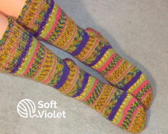 Chaussettes pour femmes tricotées à la main en fil de laine « Regia », couleur tropicale, taille UE 38/39