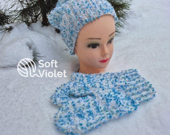 Ensemble bonnet et mitaines en laine et mohair faits main | Adolescents et femmes