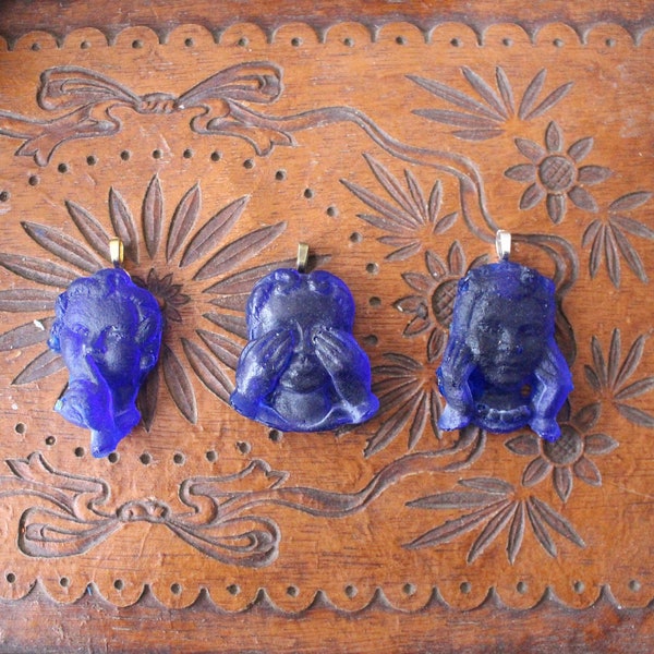 Morality Women Jewlery Charms - Set of 3 Hear no, Speak no, See no Evil Art Nouveau Hand Poured Sapphire Blue Resin Necklace Pendant