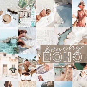 Op de afbeelding: Een collage van afbeeldingen met een strandthema. De afbeeldingen omvatten een strand met turquoise water, een vrouw in bikini, een bord met de tekst "Wees niet gemeen" en de tekst "Beachy Boho".