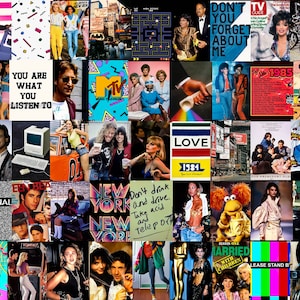 May include: A collage of images from the 1980s, including a TV Guide magazine, a cassette tape, a computer, a car, a person wearing a denim jacket, and a person wearing a rainbow crochet top. The collage also includes text such as "You Are What You Listen To", "Don't You Forget About Me", "Love 1984", and "New York".