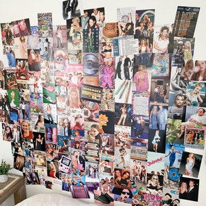 May include: A wall collage featuring a variety of images from the 1990s and early 2000s. The collage includes photos of celebrities, magazine covers, and other pop culture references from that era. The collage is a vibrant mix of colours and patterns, and it is a great example of the nostalgia for that time period.