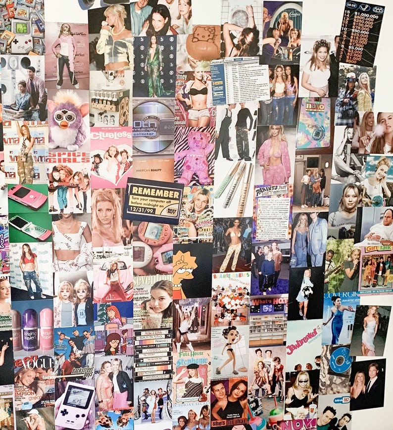 May include: A collage of images from the 1990s featuring popular culture icons, fashion trends, and music artists. The collage includes images of Britney Spears, Christina Aguilera, and the Spice Girls. There are also images of popular films and television shows from the 1990s, such as Clueless, Full House, and Jawbreaker.