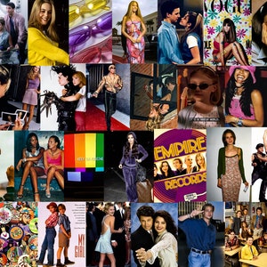 May include: A collage of images representing the 1990s, including fashion, music, and pop culture. The images feature a variety of people, clothing, and objects, such as sunglasses, a record label, and a mobile phone. The text "School's startin'" is visible in a pink message box.