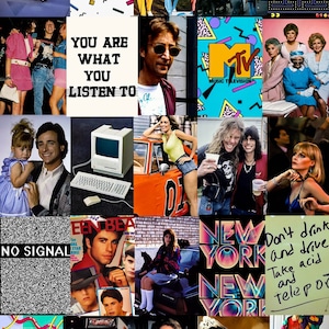 May include: A collage of images from the 1980s, including a person wearing a flight suit, a person wearing a waistcoat, a person wearing a shirt with the text "You are what you listen to", a person wearing a shirt with the text "MTV Music Television", a person wearing a shirt with the text "New York", and a person wearing a shirt with the text "Don't drink and drive. Take acid and teleport."