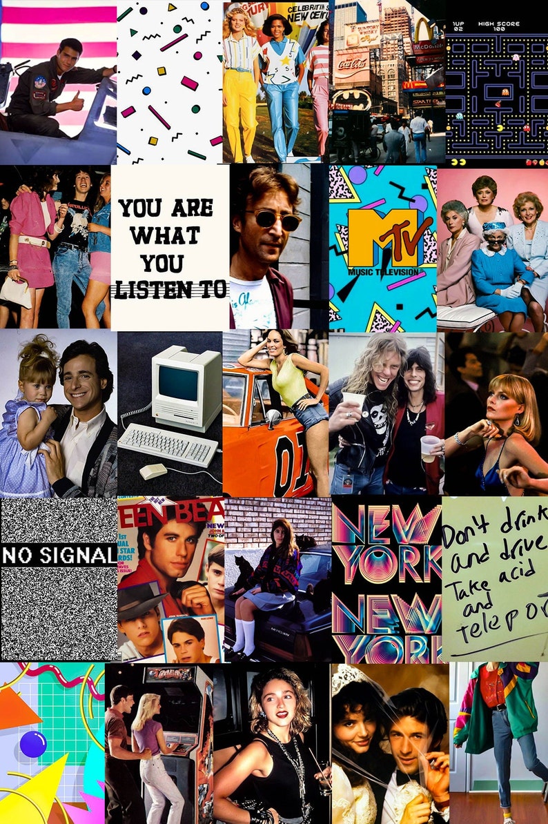 May include: A collage of images from the 1980s, including a person wearing a flight suit, a person wearing a waistcoat, a person wearing a shirt with the text "You are what you listen to", a person wearing a shirt with the text "MTV Music Television", a person wearing a shirt with the text "New York", and a person wearing a shirt with the text "Don't drink and drive. Take acid and teleport."