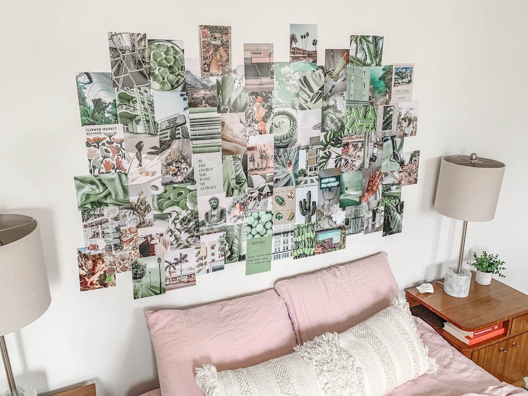 Sage Green Wall Collage Kit Pastel, Boho Aesthetic Room Decor Photo Collage  