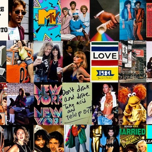 May include: A collage of images from the 1980s, including a vintage computer, a cassette tape, a television, a magazine cover, and a street scene in New York City. The images are arranged in a grid pattern and feature bright colours and bold graphics.