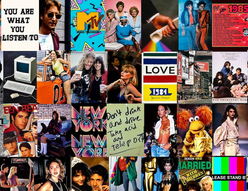 May include: A collage of images from the 1980s, including a vintage computer, a cassette tape, a television, a magazine cover, and a street scene in New York City. The images are arranged in a grid pattern and feature bright colours and bold graphics.