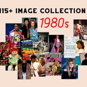 May include: A collage of images from the 1980s, including a concert poster for Guns N' Roses, a Cabbage Patch Kid doll, a cassette tape collection, a woman in a pink jacket, a man in a blue shirt, a woman in a blue dress, a man in a white shirt, a woman in a pink skirt, a comic book cover, a woman with big hair, and a man with a guitar.