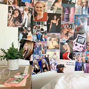 May include: A collage of images featuring celebrities and pop culture icons from the 90s and early 2000s. The collage includes images of Britney Spears, Christina Aguilera, and other popular figures. The collage is displayed on a wall with a small potted plant and a pair of glasses on a table in the foreground.