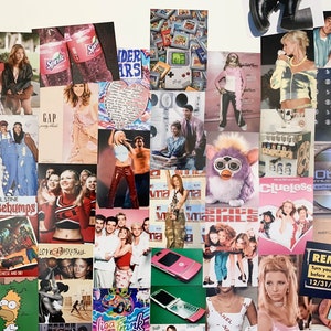 May include: A collage of images from the 1990s, including pop culture icons, fashion trends, and popular toys. The collage features images of Britney Spears, the Spice Girls, the Furby toy, and the film Clueless. The collage also includes images of popular brands like Gap and Sprite.