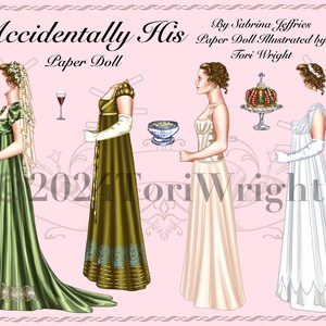 May include: A paper doll set featuring a woman in four different outfits. The outfits include a green gown with a lace trim, a gold gown with a blue and gold trim, a cream gown with a lace trim, and a white gown with a lace trim. The paper doll set also includes accessories such as a glass of wine, a bowl, a cake, and a veil.