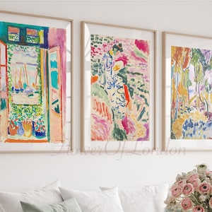 Conjunto de 3 gravuras de Matisse, janela aberta Collioure, La Japonaise: Mulher ao lado da água, paisagem perto de Collioure, SOFT MUTED N1, Giclée PREMIUM
