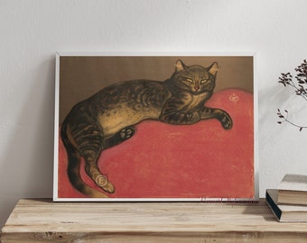 Quirky Cat  Print, Vintage Bright Red Cat Oil Painting Drawing, Modern Quirky Squinting Funny Red Cat Kid's room Animal Lovers, Giclée #8