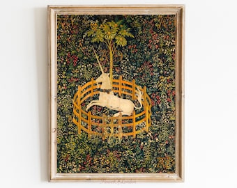 Unicorn Print Vintage Tapestry Unicorn in Captivity Print Unicorn Resting in a Garden Classical Oil Painting Farmhouse Decor, Giclée PREMIUM