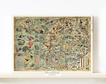 Carta Marina Print, Vintage Swedish Norway Scandinavian Ecclesiastic Map by Olaus Magnus from 1539 with sea creatures Boys Kids Room, Giclée