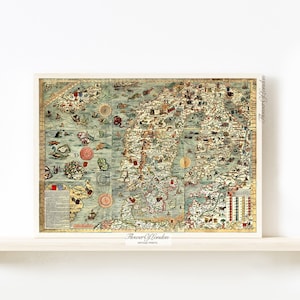 Carta Marina Print, Vintage schwedische Norwegen Skandinavische Kirchenkarte von Olaus Magnus aus dem Jahr 1539 mit Meeresbewohnern Jungen Kinderzimmer, Giclée