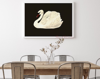 White Swan Print, Black Swan Vintage Painting Print, White Swan in Black Sea Print, Black Lake Swan Print, Dark Moody Wall Art Print, Giclée