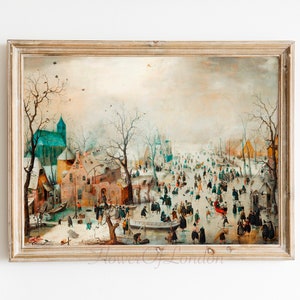 Winterlandschap print vintage olieverfschilderij kerst sneeuw schaatsen schaatsers, Europees Nederlands schilderij neutraal, HORIZONTAAL, Giclée PREMIUM