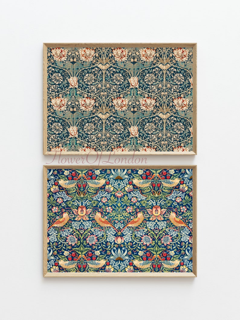 Set of 2 William Morris prints, Vintage Wallpaper Fabric Textile Strawberry Thief Honeysuckle Blue Navy Birds HORIZONTAL, Giclee PREMIUM image 3