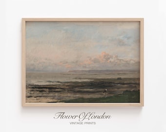 Moody Coastal Print, Vintage Rustic Beach Landscape Simple Seaside Sea Seascape Ocean Nautical Oil Painting Muted Neutral Pastel, Giclee #89