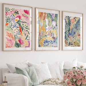 Conjunto de 3 láminas de Matisse, descarga instantánea, pintura vintage de mujer, paisaje de La Japonaise, Collioure, tonos rosa ruborizado cálido, imprimible en tonos apagados.