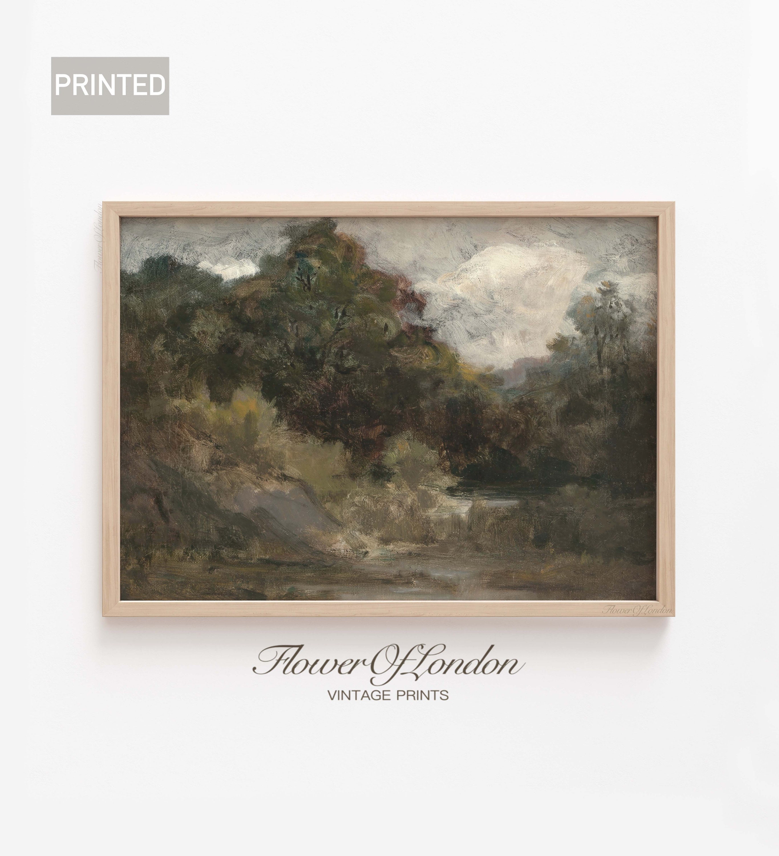Moody Landscape Print, Vintage Summer French Farmhouse Field Countryside Neutral Tonal Country Dark Landscape Oil Painting, Giclee #49
