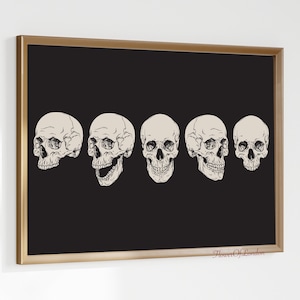 Skulls Skeletons Print, Vintage Halloween Print Poster Funny Skulls Skeleton Haloween Decor Spooky Dark Academia Moody HORIZONTAL, Giclée