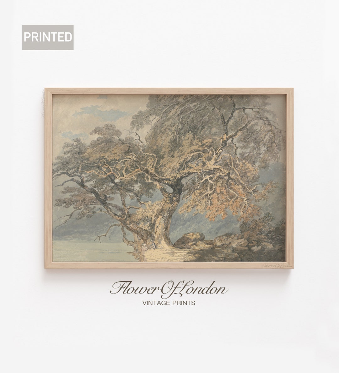 Autumn Big Tree Sketch Print, Rustic Neutral Beige Country Lake Hills ...