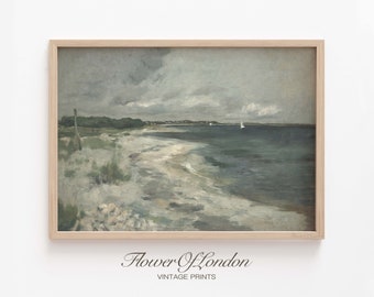 Coastal Print, Vintage Rustic Summer Beach Landscape Simple Seaside Sea Ocean Nature Nautical Oil Painting Muted Neutral Pastel, Giclee #45